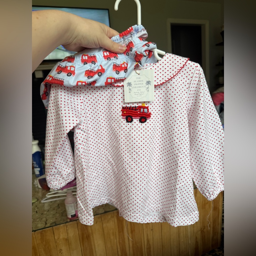 Trunk Show Red Dot Toddler Top with Fire Truck Bloomers